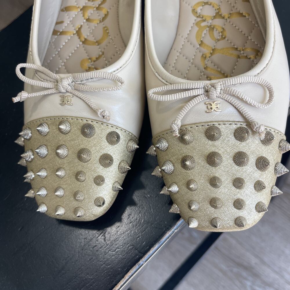 Sam Edelman Monet Ballet Flats SZ 10.5 Tan Gold Studded Summer Sand Nude Bow Log - Picture 5 of 12